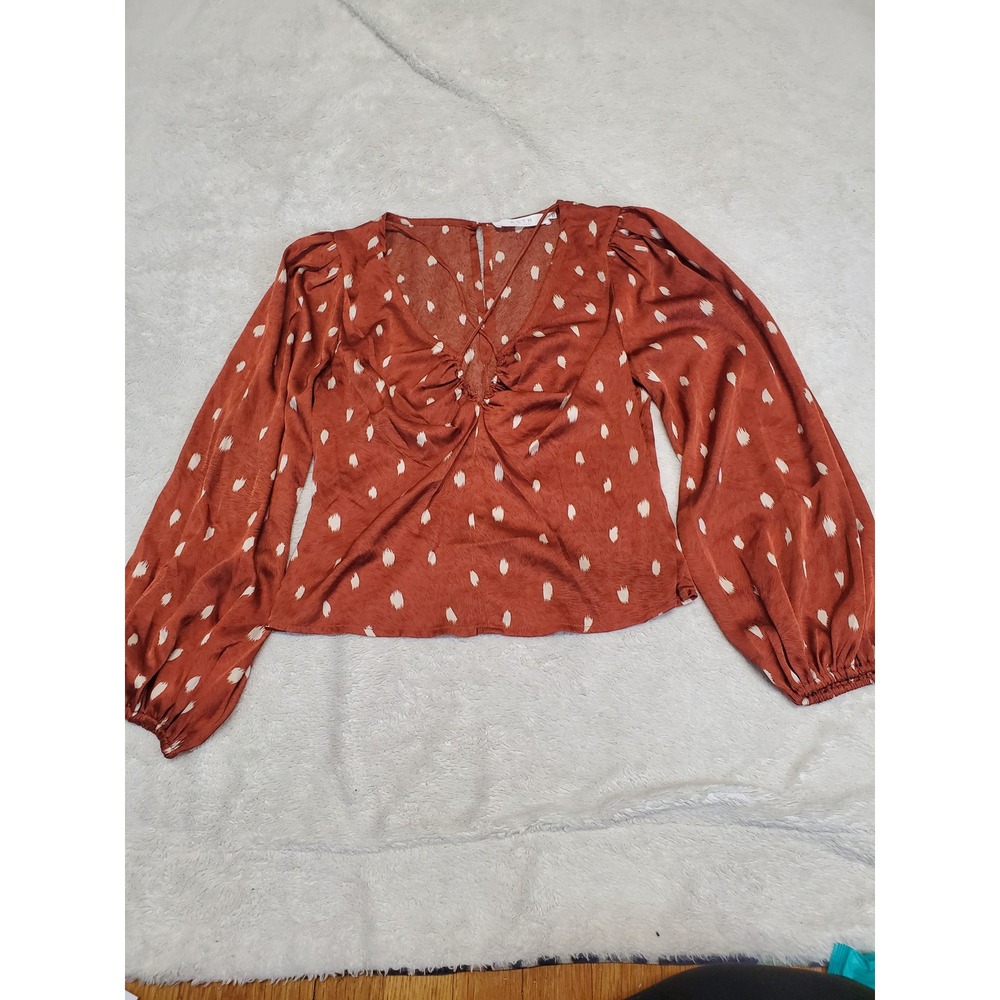 NWOT ASTR Rust Brown White Polka Dot Ruched Keyhole Top Blouse Small Boho Flowy
